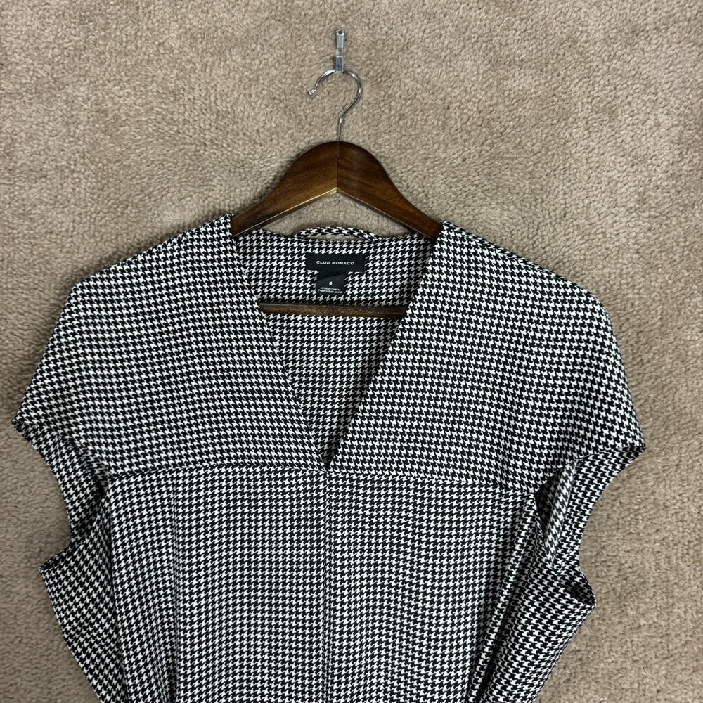 Club‎ Monaco Dress Womens 4 Black White Houndstooth Belted Work Career V Neck - Picture 3 of 12